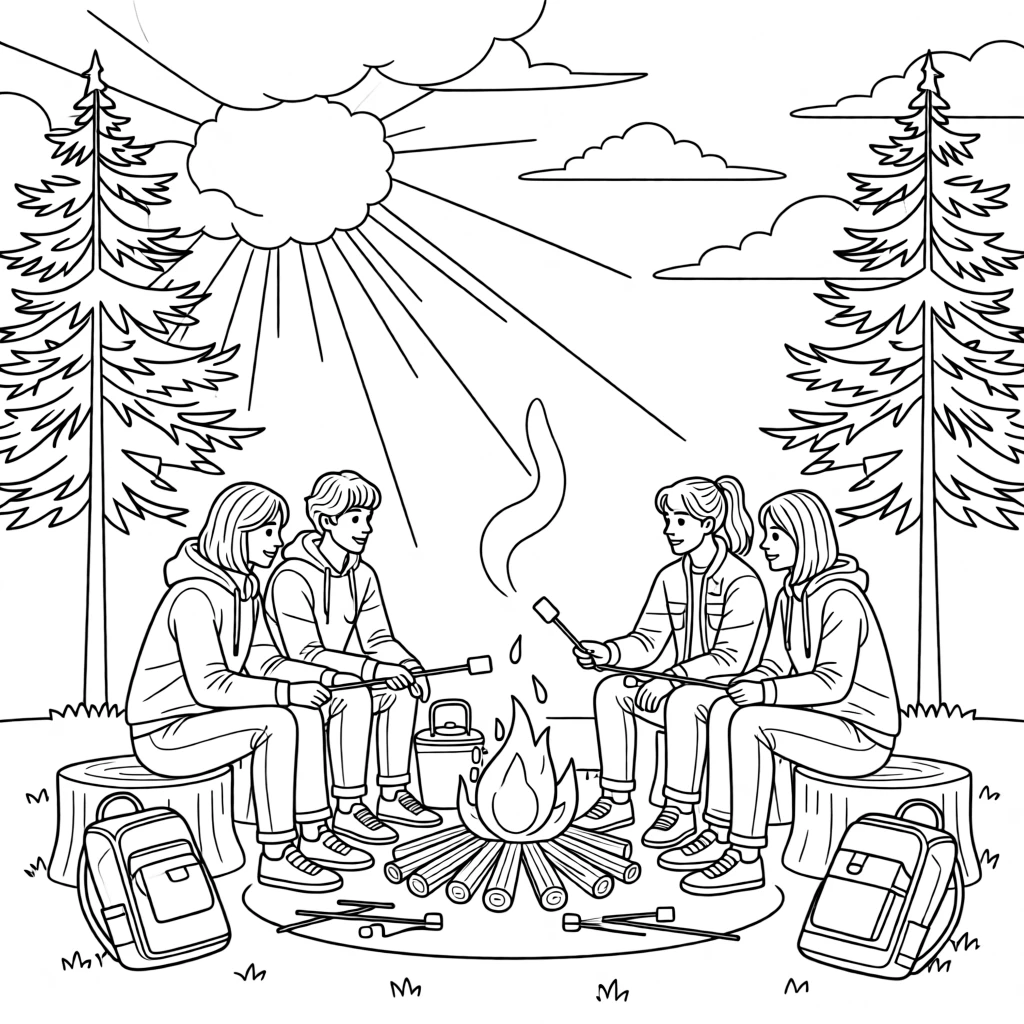 A group of friends roasting marshmallows over a campfire, with sunlight breaking dramatically through the clouds.