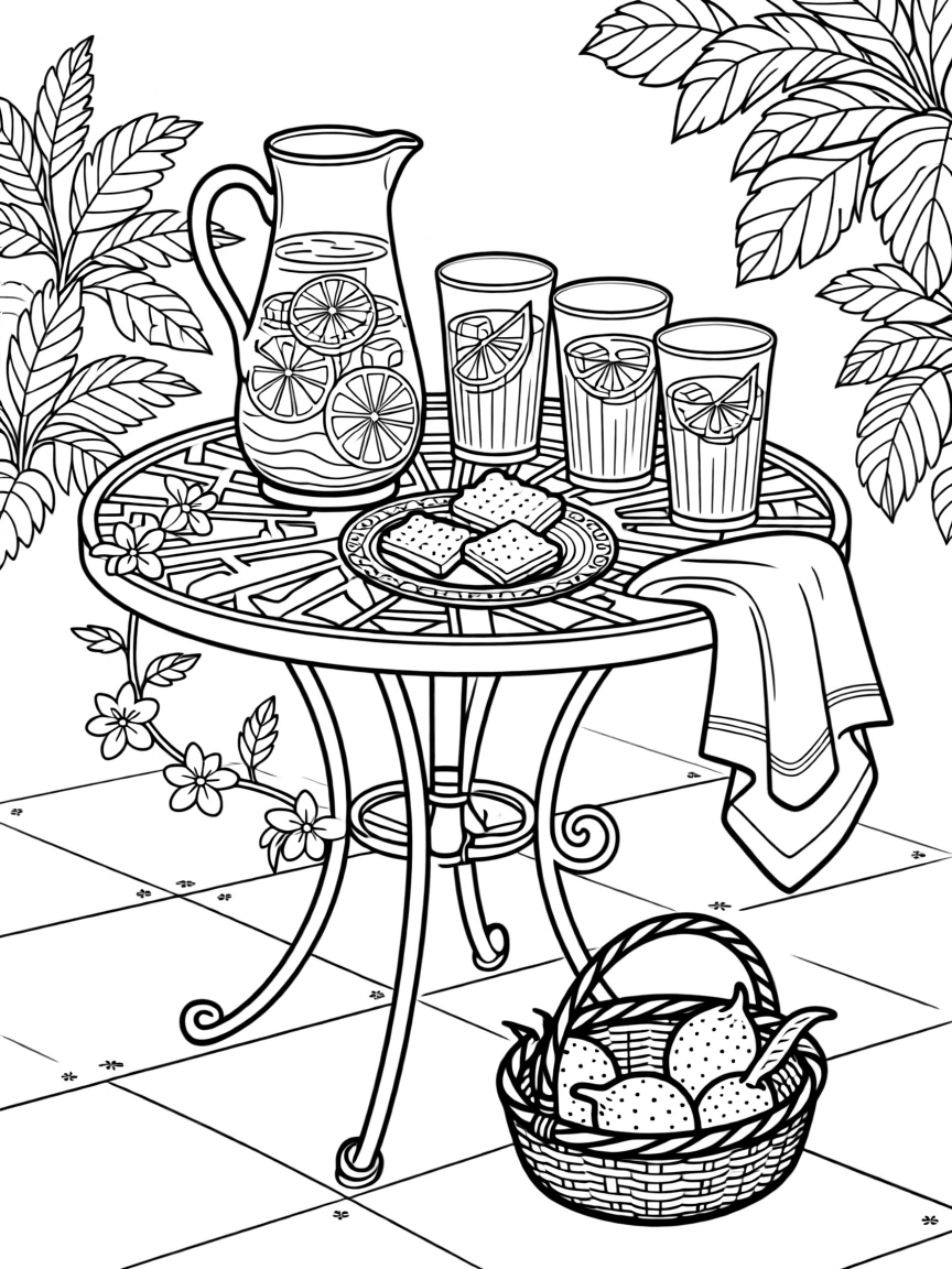 A cozy lemonade and shortbread scene on a garden patio table.