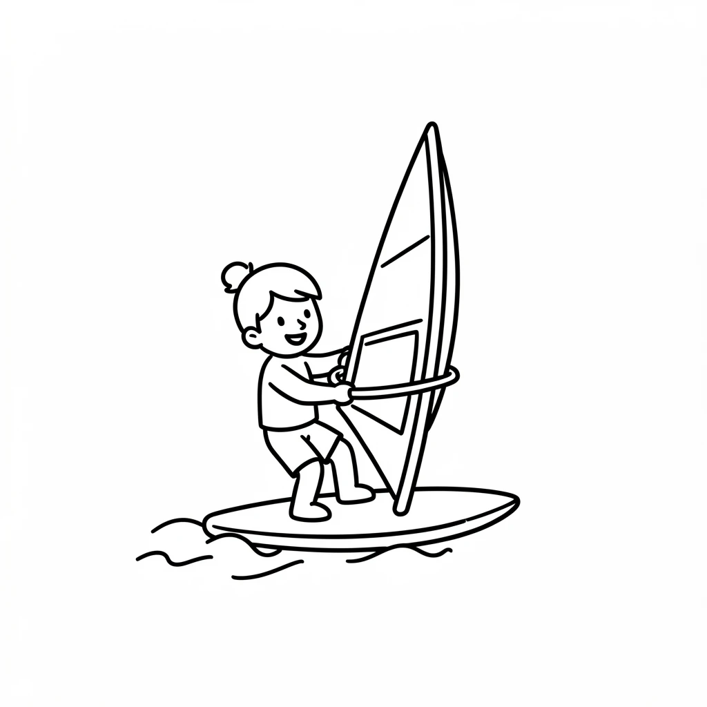 Minimalist line art of a person windsurfing, showcasing clean lines and a focus on the activity with no background distractions.