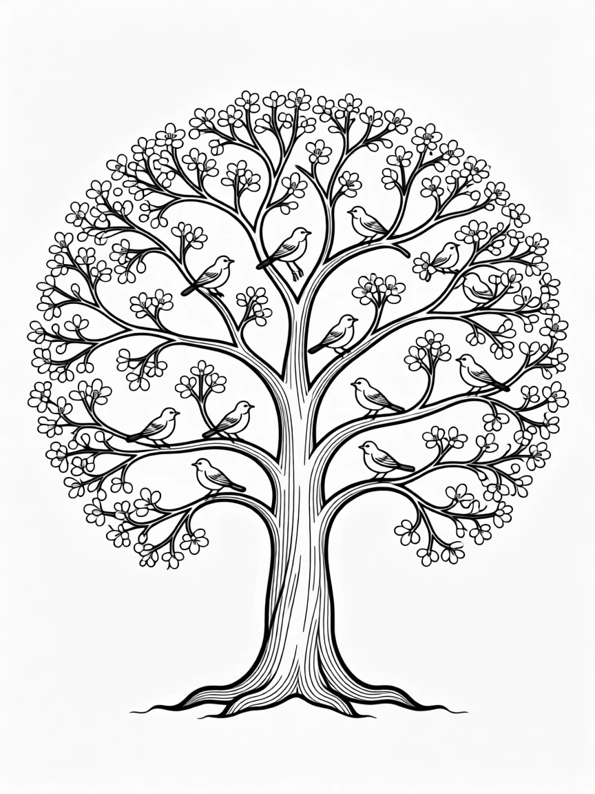 A tree of life with branches full of birds and blossoms