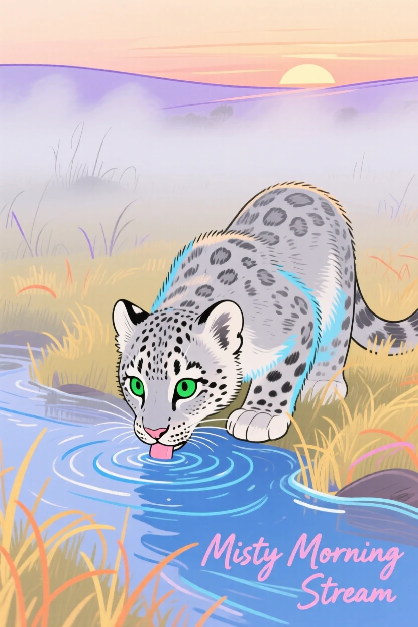 A snow leopard cub drinking from a stream in a misty morning field at sunset.