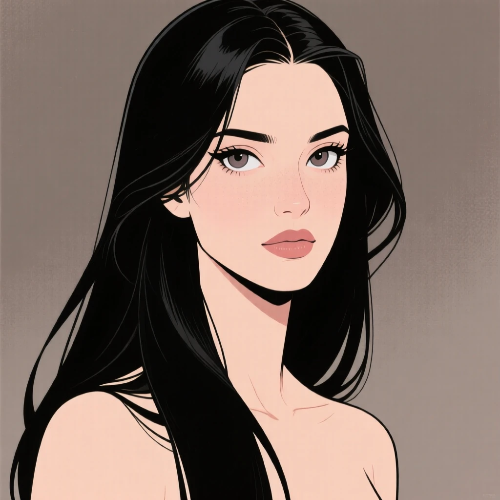 Stylized illustration of a pale-skinned woman with long black hair, large expressive eyes, and a muted gray-brown background.