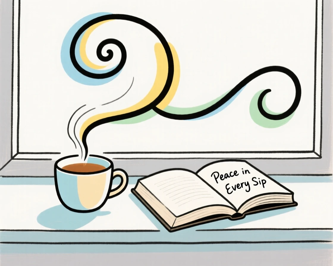 A steaming cup of tea beside an open book on a windowsill.