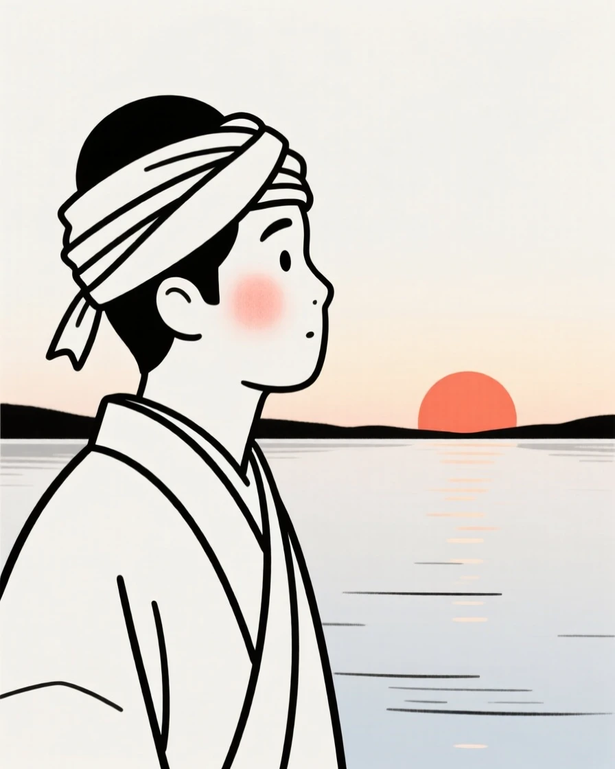 A newlywed man of Japanese heritage wearing a Nigerian gele headwrap, full of curious wonder, beside a calm lake at sunrise.