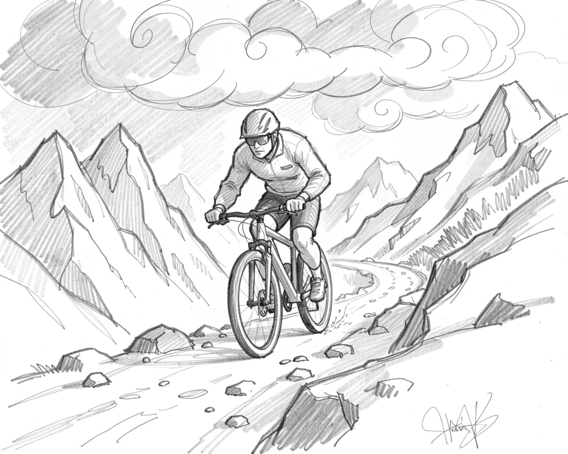 A dynamic action shot of a cyclist racing down a mountain trail atop a snowy mountain peak, with dramatic clouds rolling in overhead.