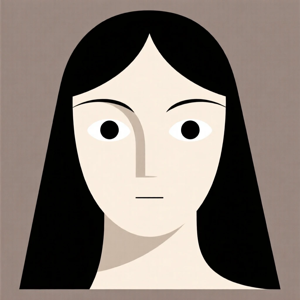 Stylized illustration of a pale-skinned woman with long black hair, large expressive eyes, and a muted gray-brown background.