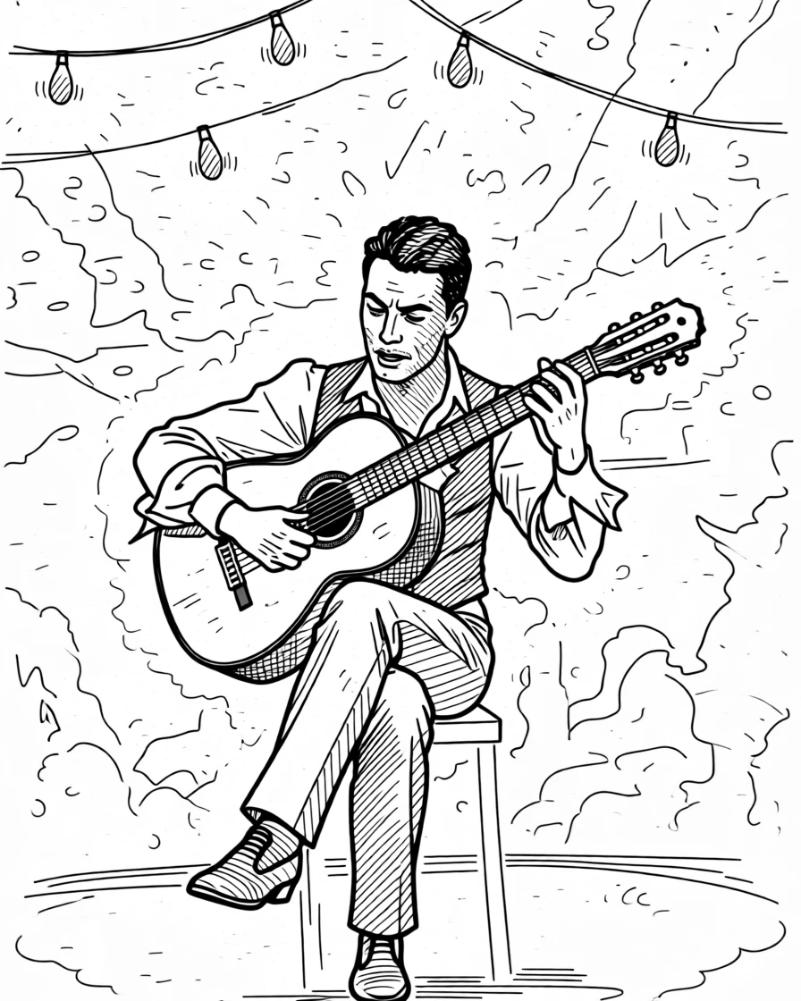 A traditional flamenco guitarist playing passionately beneath string lights.