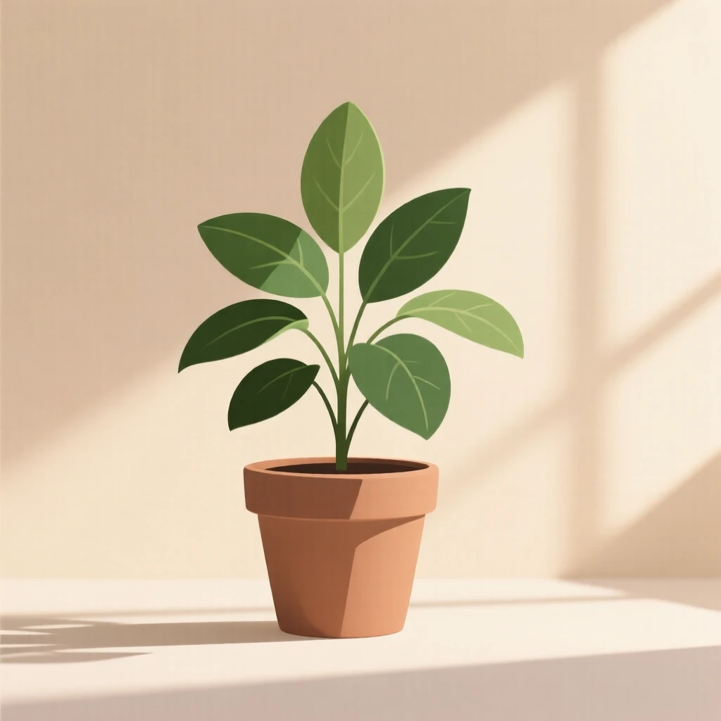 Minimalist illustration of a potted plant with green leaves against a beige background, featuring soft sunlight and shadows.