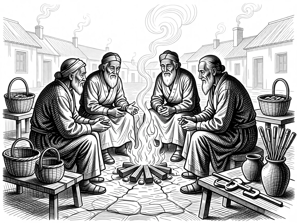 A group of elders sharing stories around a fire as smoke rises gently from nearby chimneys, with goods and wares displayed with pride, portrayed in a peacefully ceremonial historical scene.