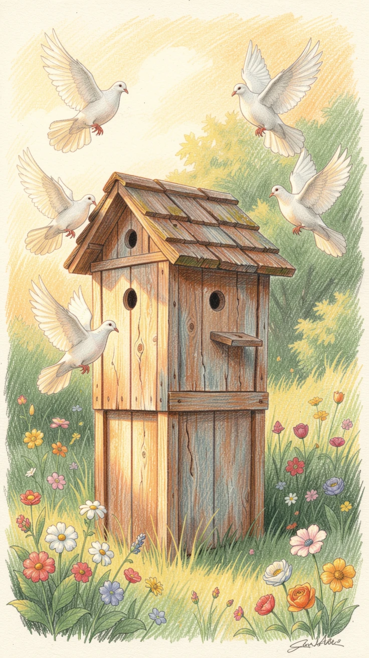 A rustic dovecote with white doves fluttering around a garden, bathed in the warm glow of golden-hour light, radiating comfort, joy, and quiet beauty.