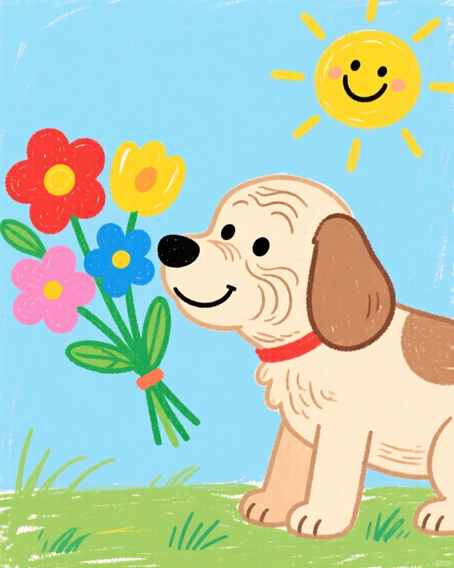A gentle old dog sniffing a bouquet of fresh flowers.