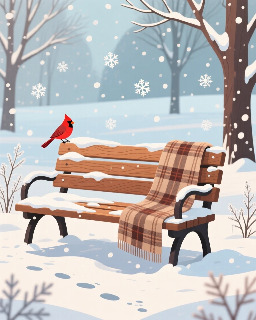 A snow-covered bench in a quiet winter park, surrounded by gentle seasonal weather elements, composed with cozy, inviting seasonal warmth, with charming small details that evoke the season perfectly.