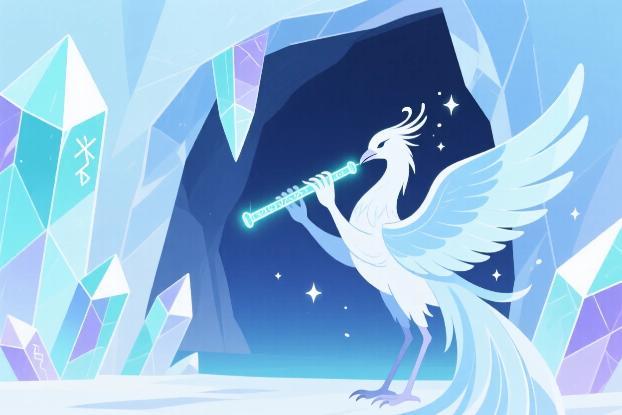 An ice phoenix playing a magical flute near a crystal cave.