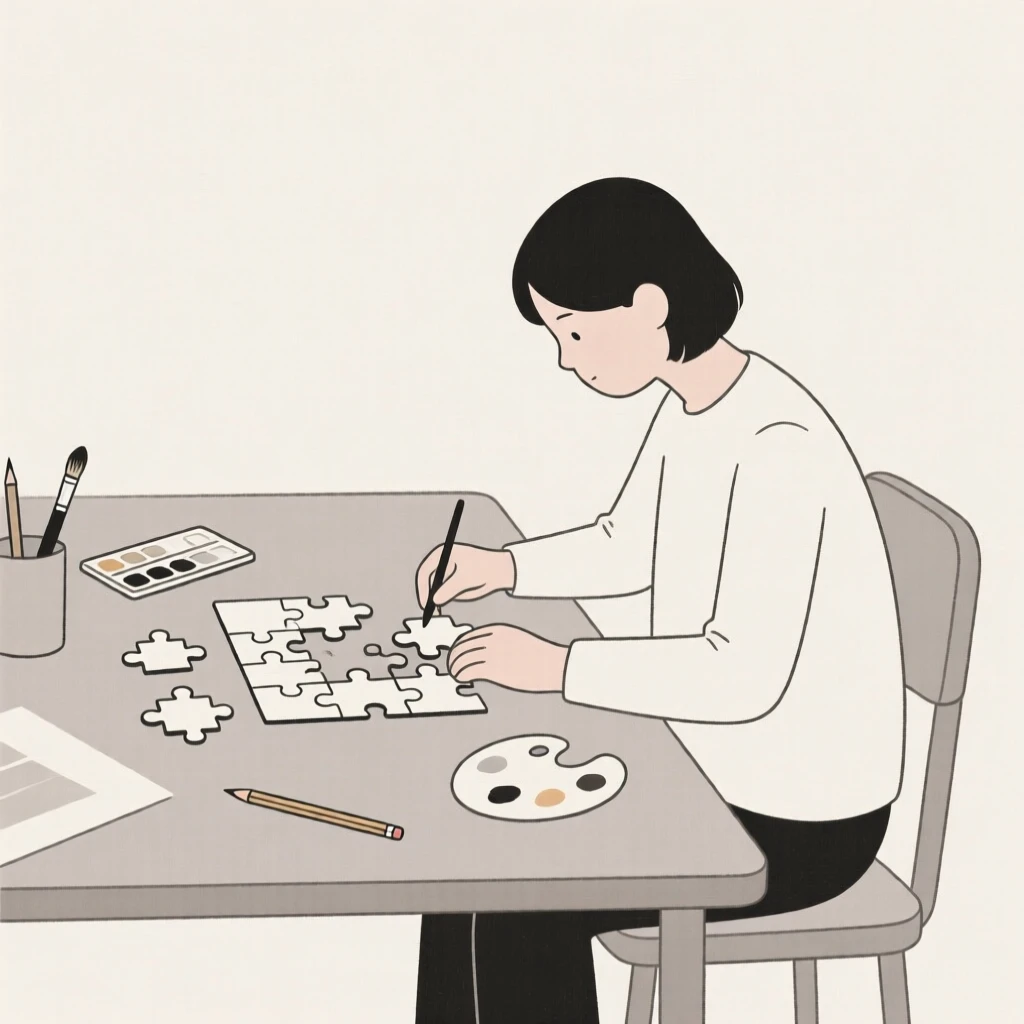 A person assembling a jigsaw puzzle in a cozy workshop, surrounded by scattered art supplies, showing mindful patience.