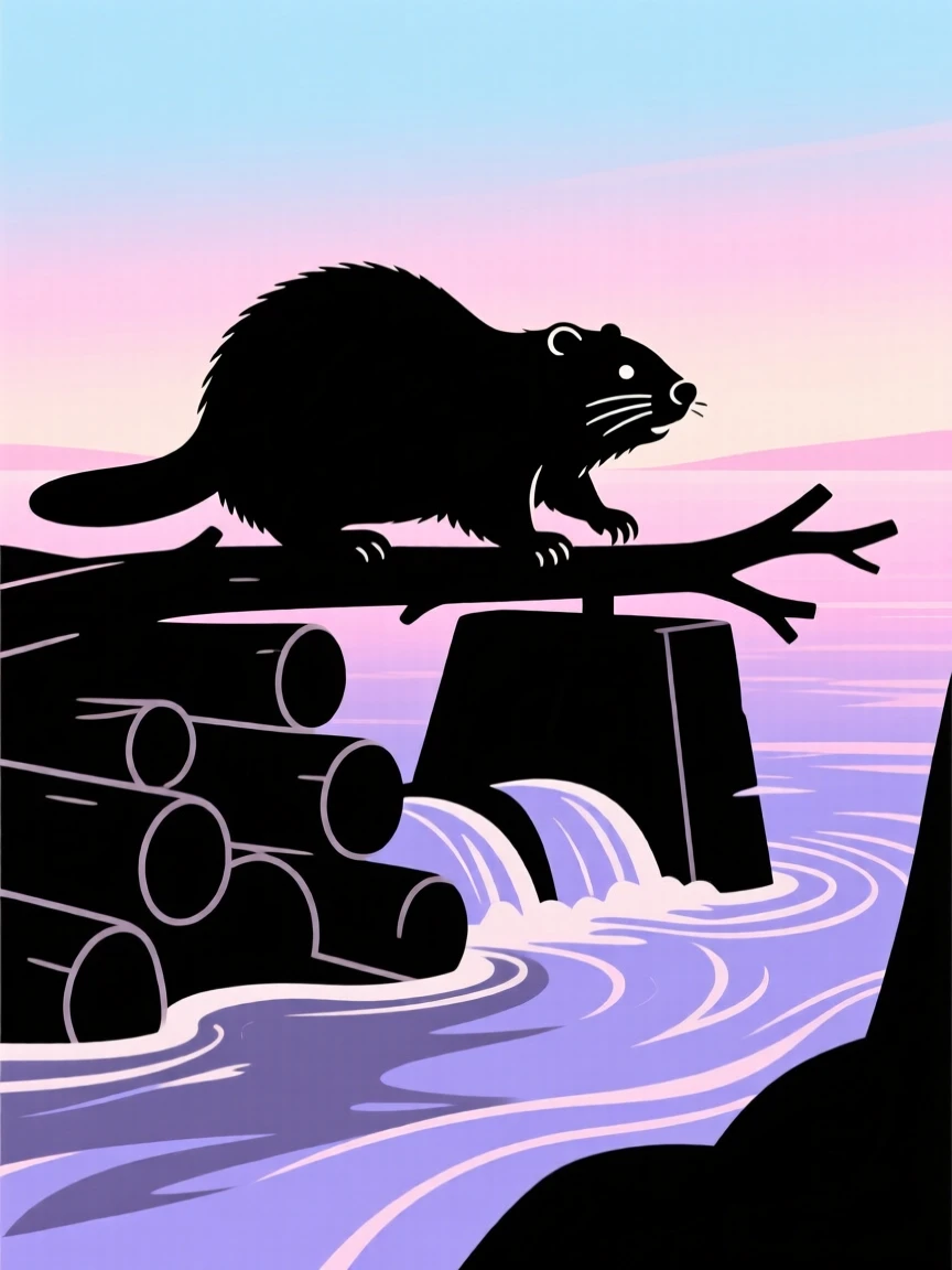 A single beaver working at a dam across a slow-moving stream.