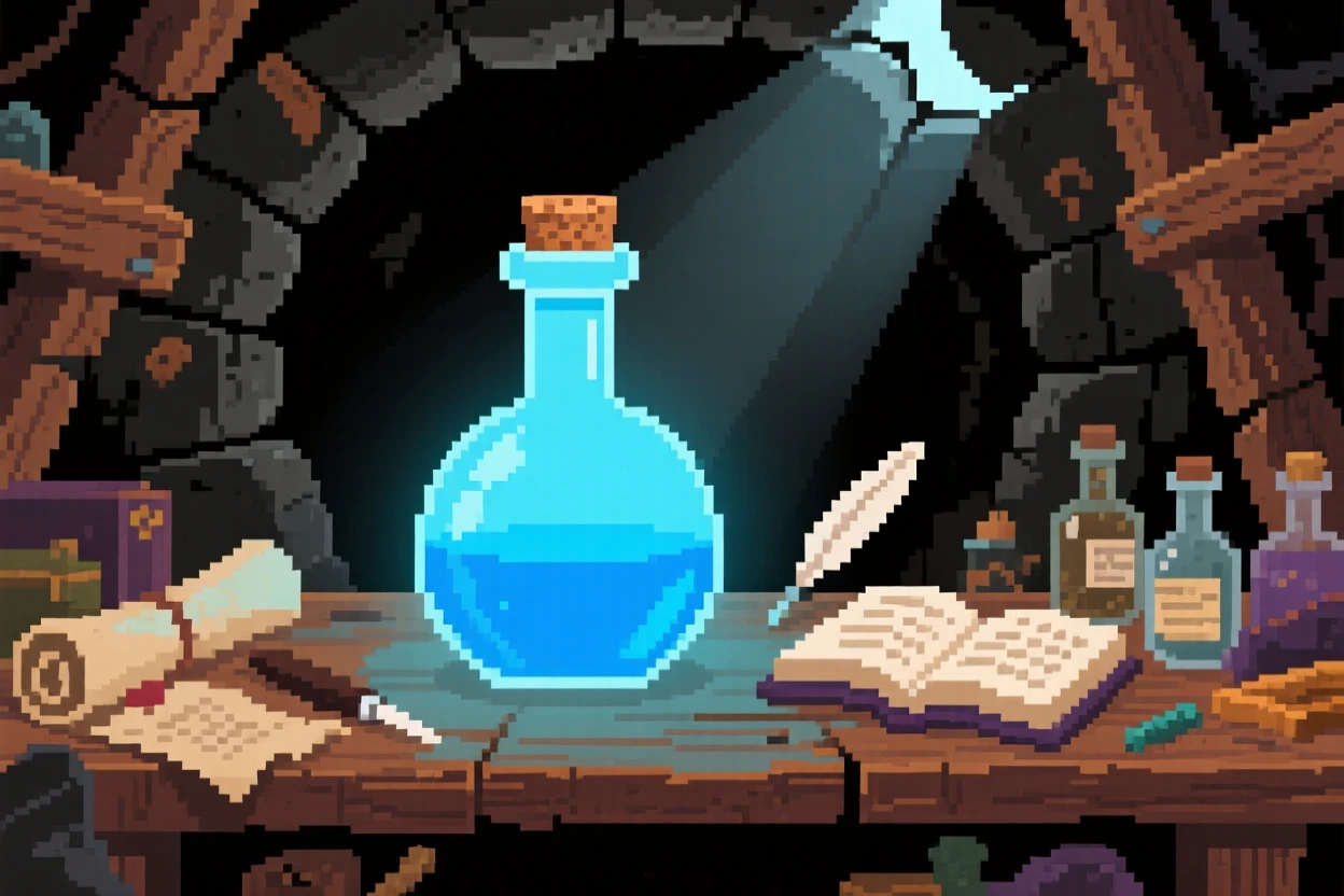A potion bottle glowing faintly blue found deep within an abandoned mine, inside a wizard's cluttered study.