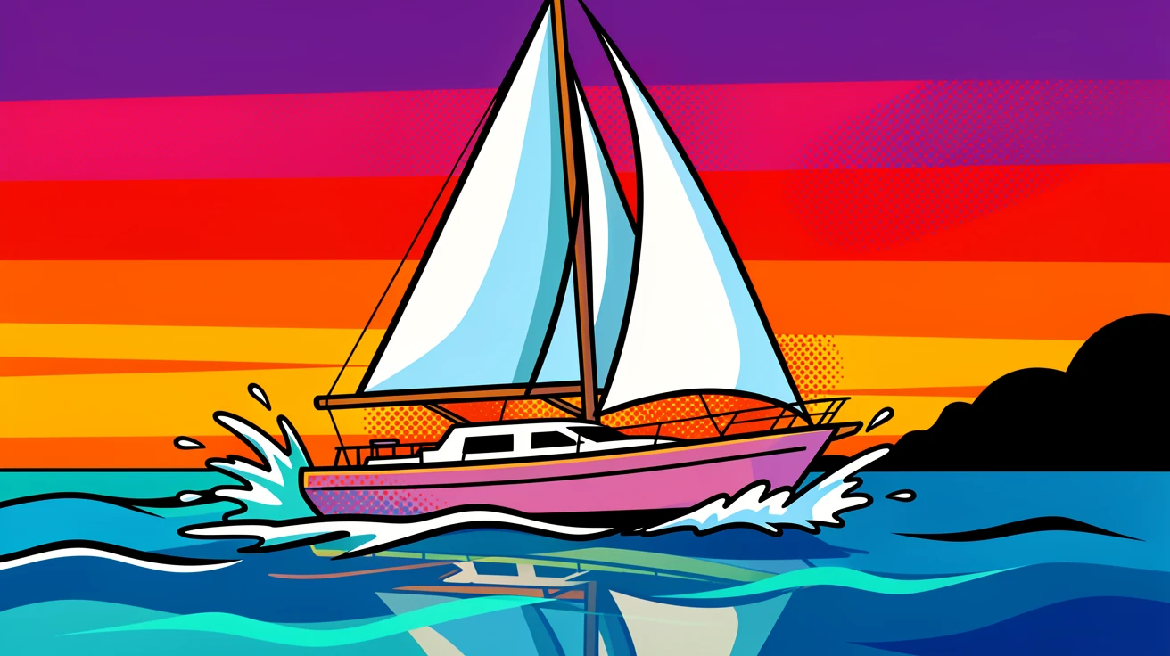 A sailboat gliding across a sunset-lit harbor