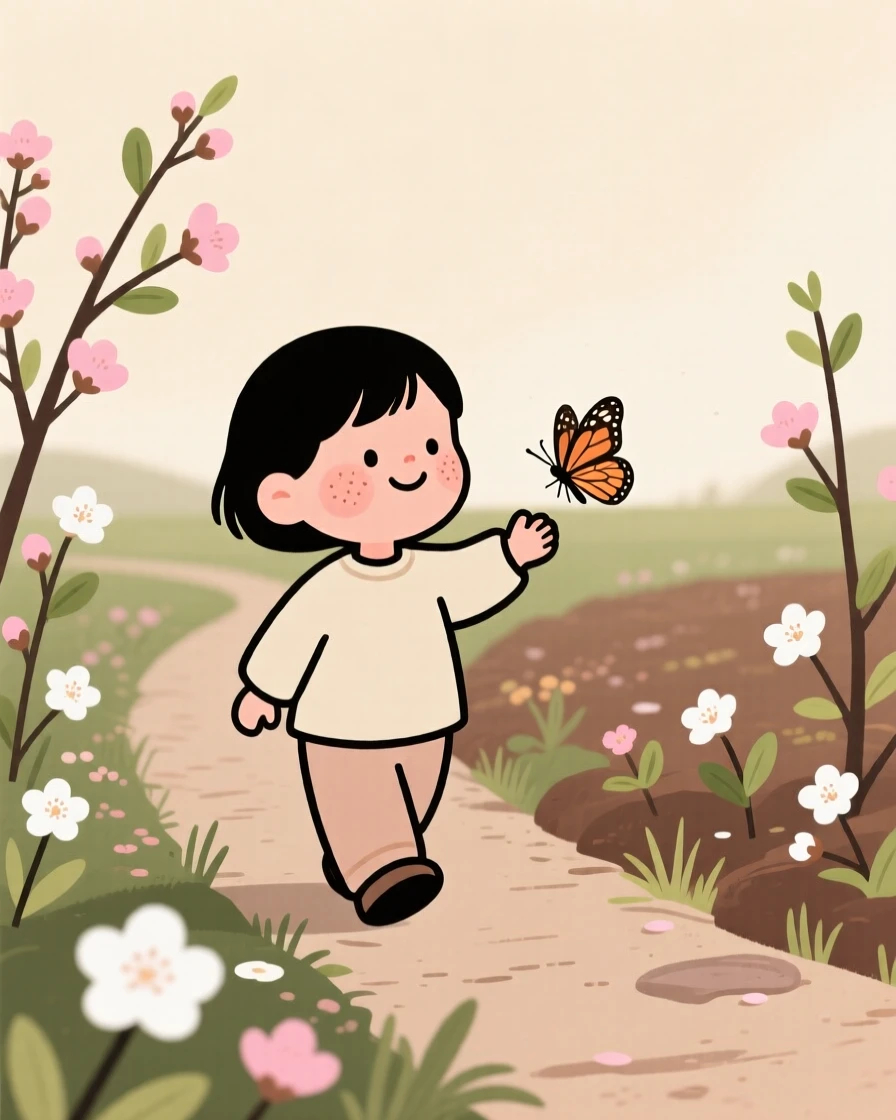 The first blossoms of spring open along a garden path as a child chasing a butterfly walks slowly by, pausing to admire the color in the mild morning air.