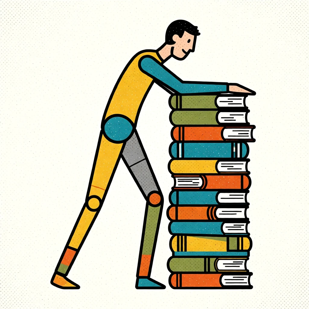 A tall, thin character leaning their full weight against a vertical stack of books, elongated limbs, flat minimal shapes, rough pencil outlines, risograph grain, mid‑century modern colours, playful editorial style.
