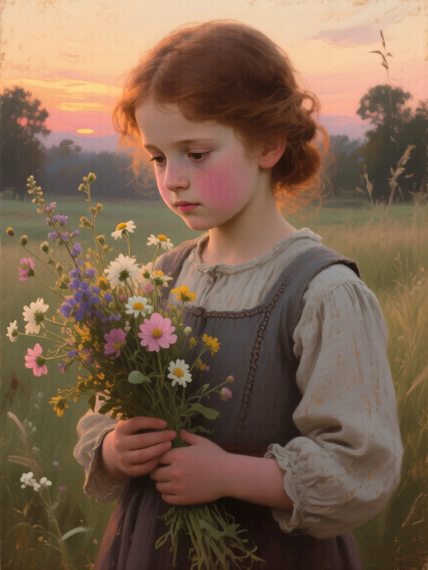 An intimate close-up of a small girl clutching a wildflower bouquet, in the last light of sunset, in the late 19th century.