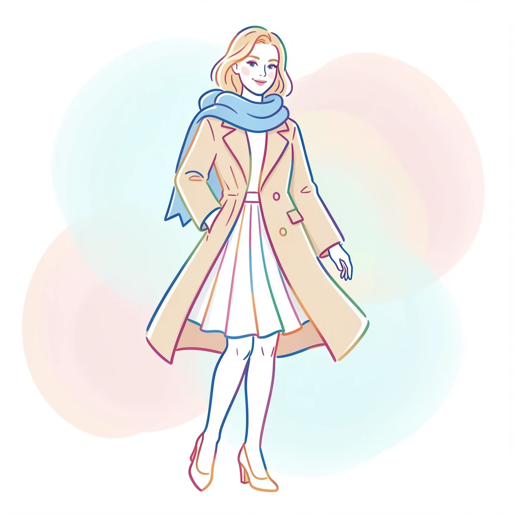 Stylish illustration of a woman in a chic outfit with a beige coat, pleated skirt, and blue scarf, set against a pastel background.
