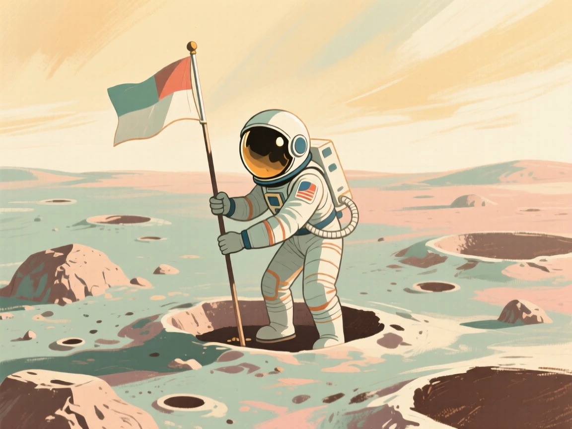 A retro spaceman planting a flag on a cratered lunar surface