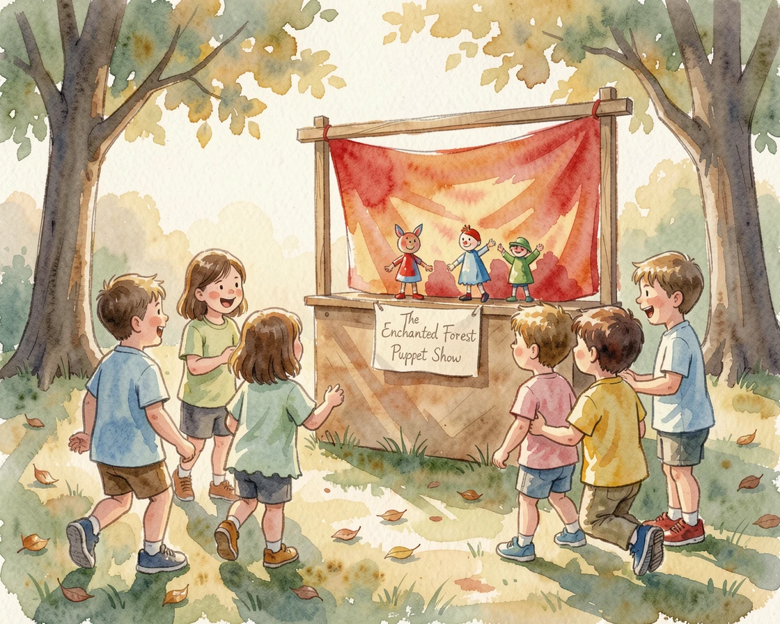 Children gathered around a puppet show.