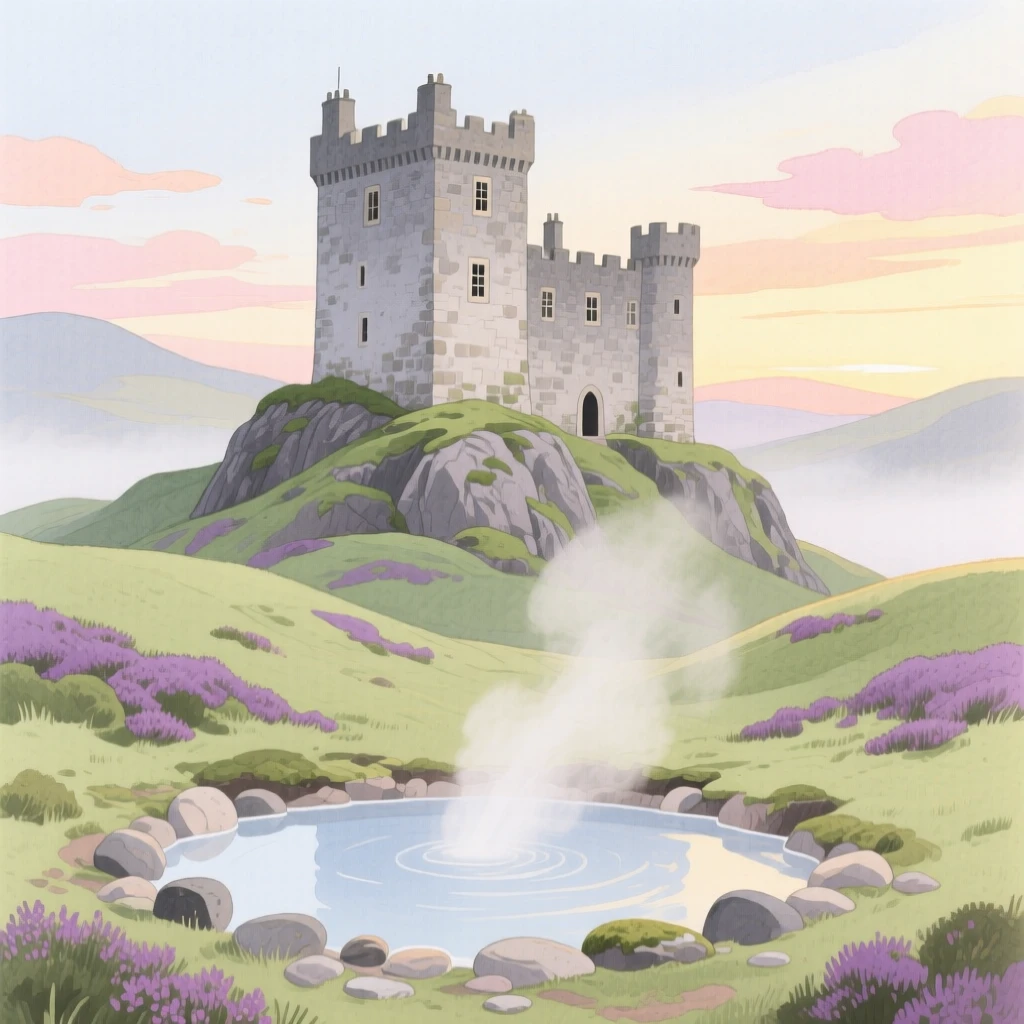 A picturesque view of a Scottish highland castle with steam rising from natural hot springs, under a soft sunrise