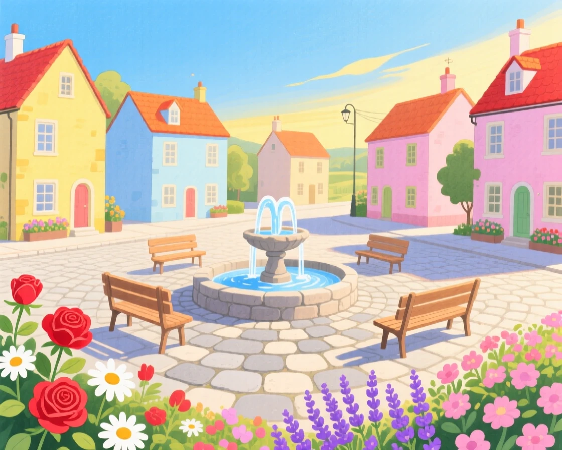 A charming village square with cobblestone streets, framed by blooming flowers and soft afternoon light.