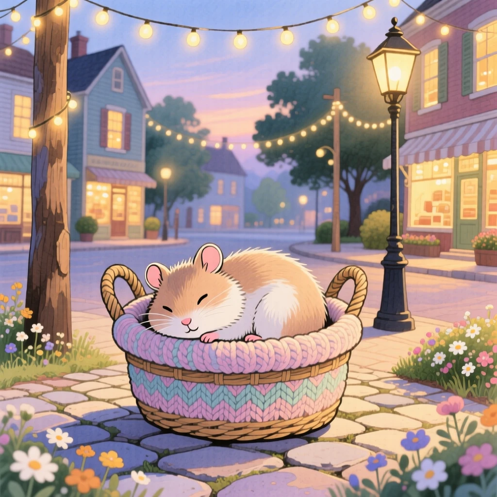 A tiny hamster curling up inside a knitted basket, set in a village square decorated with fairy lights, radiating pure innocent joy.