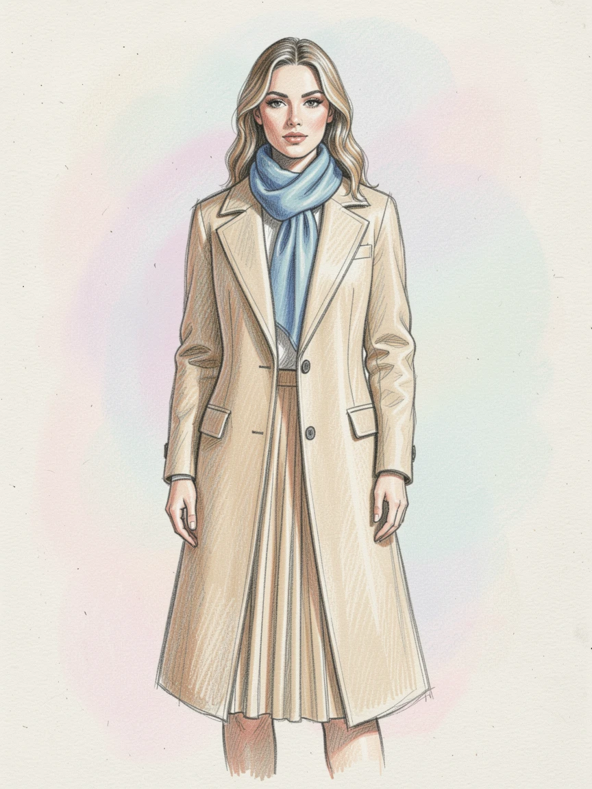 Stylish illustration of a woman in a chic outfit with a beige coat, pleated skirt, and blue scarf, set against a pastel background.