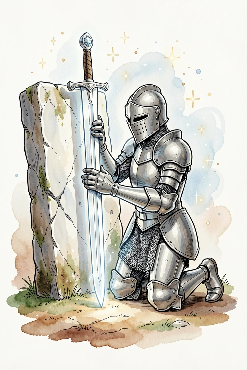 A knight kneeling before a glowing sword embedded in stone, stars or glowing motes drifting gently through the air.