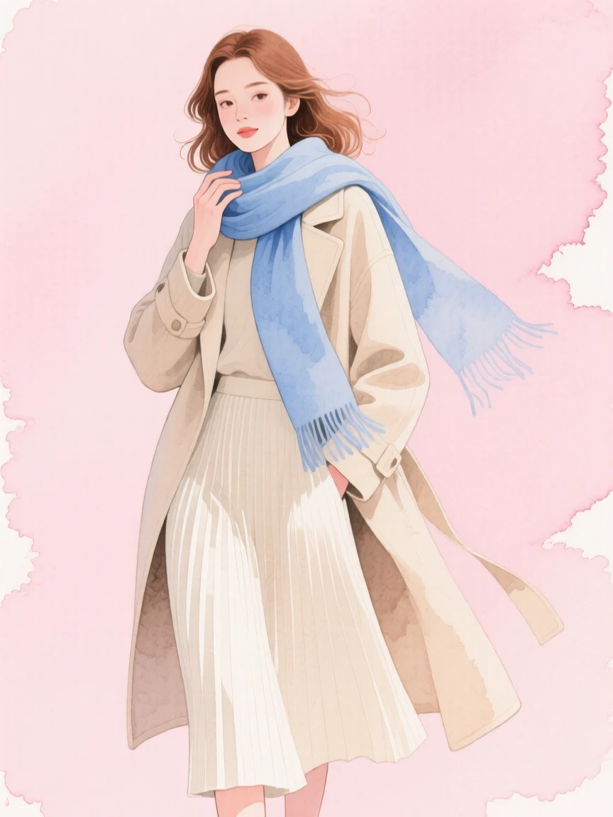 Stylish illustration of a woman in a chic outfit with a beige coat, pleated skirt, and blue scarf, set against a pastel background.