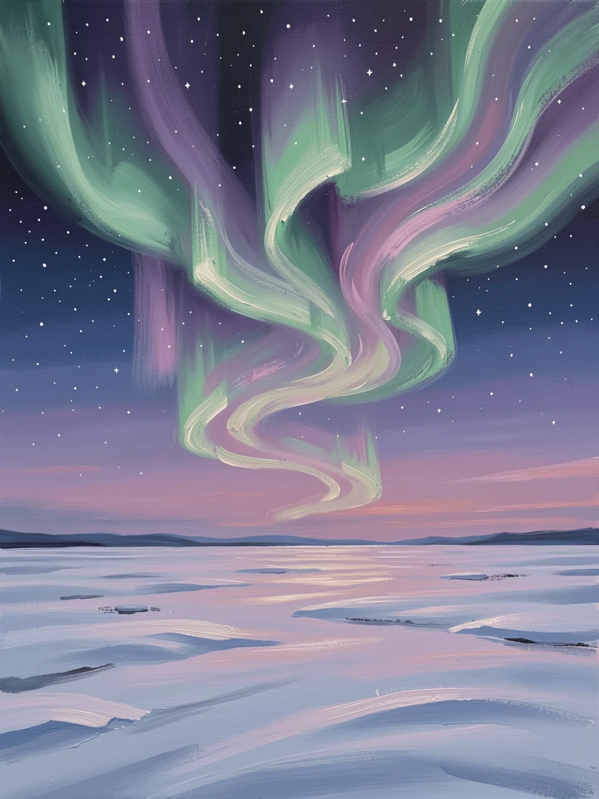 Above a vast, empty stretch of open plain, the aurora borealis dancing above a snow-covered landscape, gentle waves of color rippling across the sky, just after sunset, as the first stars begin to appear.
