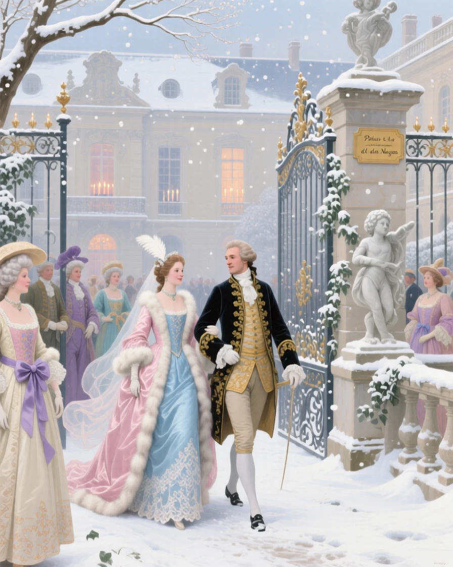A winter wedding procession through a snowy palace courtyard  