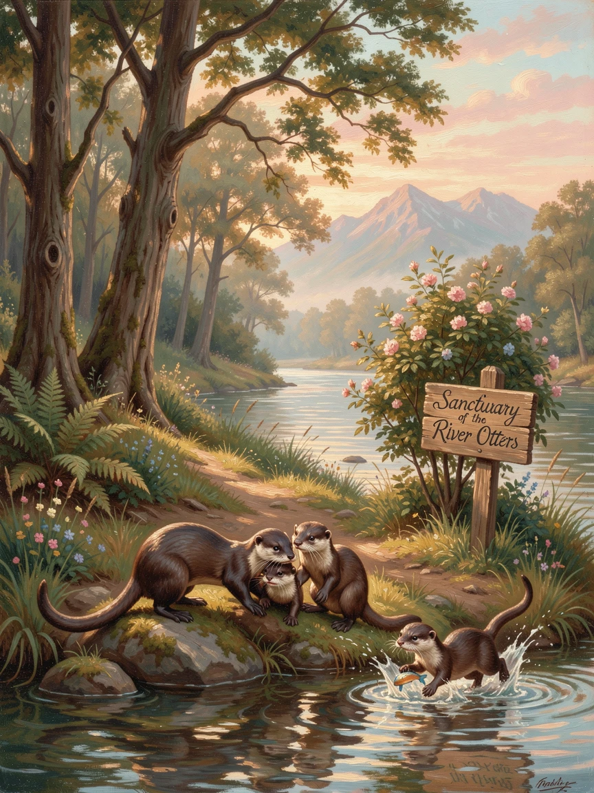A family of otters plays along a riverbank in the morning light.