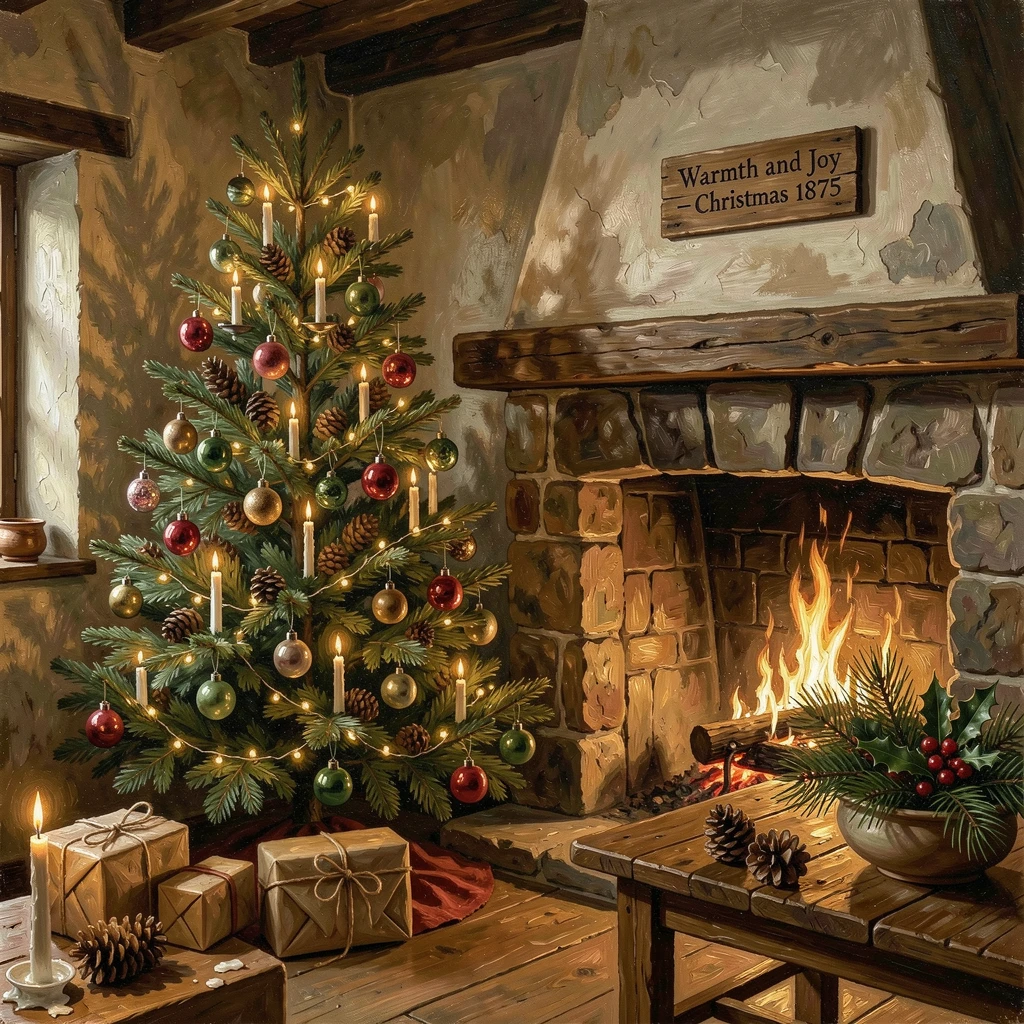 A beautifully decorated Christmas tree glowing beside a crackling fireplace, as the whole scene radiates warmth and togetherness, designed to bring festive cheer to any home or gallery wall