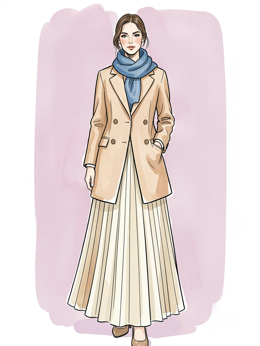 Stylish illustration of a woman in a chic outfit with a beige coat, pleated skirt, and blue scarf, set against a pastel background.