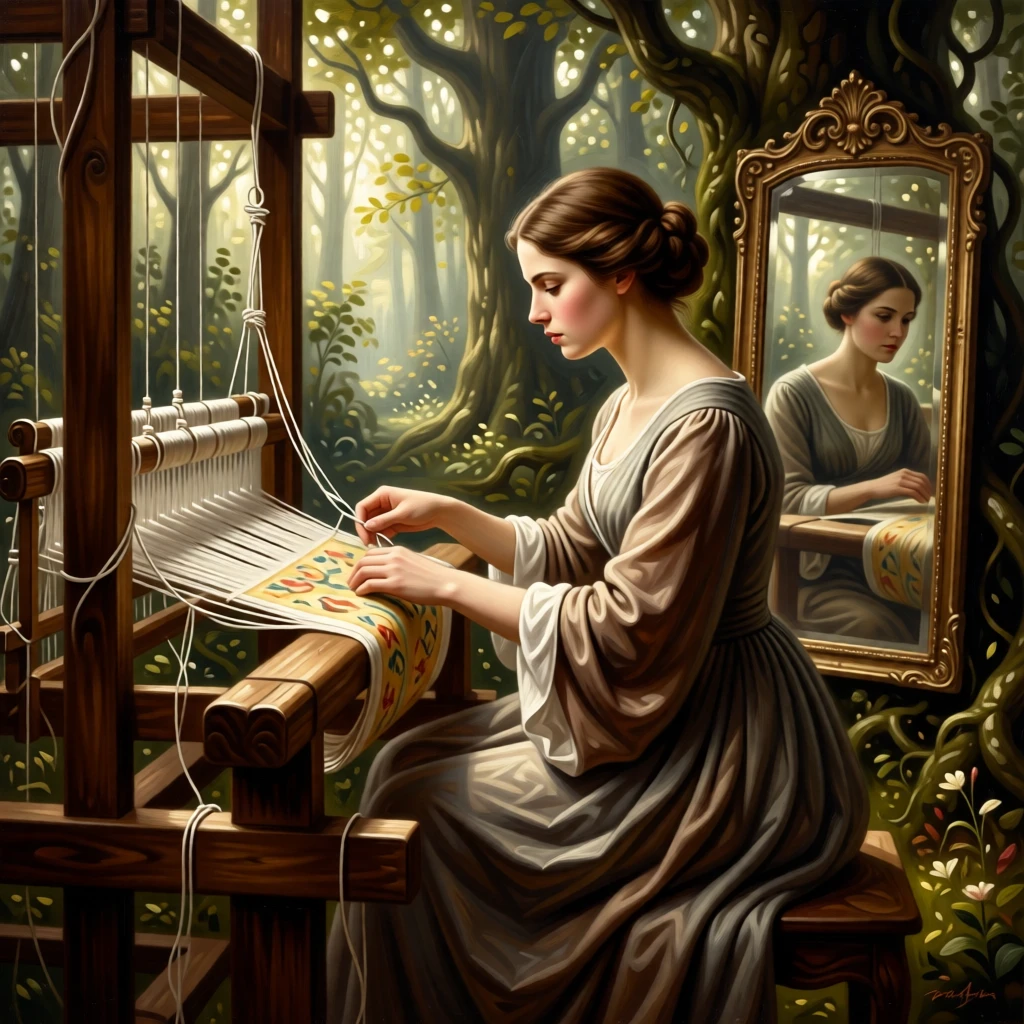 The lady of Shalott weaving at her loom before a fateful mirror as the audience holds its breath in anticipation, set within an enchanted forest clearing bathed in soft light, with an old wooden loom, tangled threads, and a half-finished tapestry; the composition frames the central figure like a page brought to life, capturing the enchantment of tales passed down through generations.