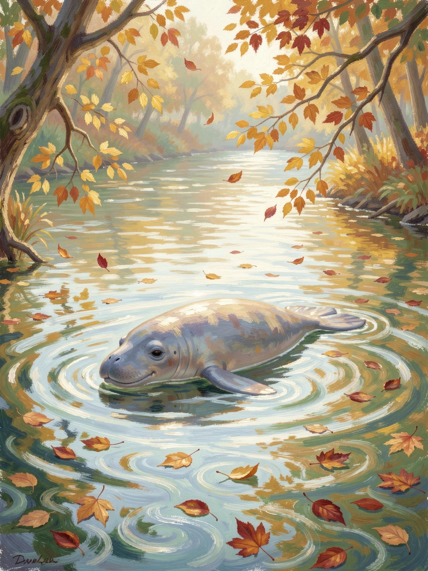 A gentle manatee gliding through the clear, sunlit waters of a quiet spring-fed river, as autumn leaves begin to fall, capturing a fleeting moment of pure happiness.