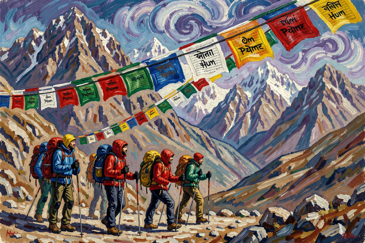 Trekkers pausing at a mountain pass strung with colorful Tibetan prayer flags.