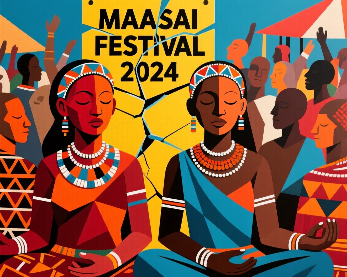 A medium shot of twin sisters of Maasai heritage closing her eyes in peaceful meditation, amid a colorful festival crowd.