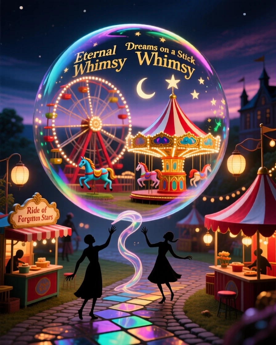 A miniature carnival glowing within a single soap bubble glows faintly from within, unnoticed by the world outside, while everything beyond its edges fades into soft shadow.
