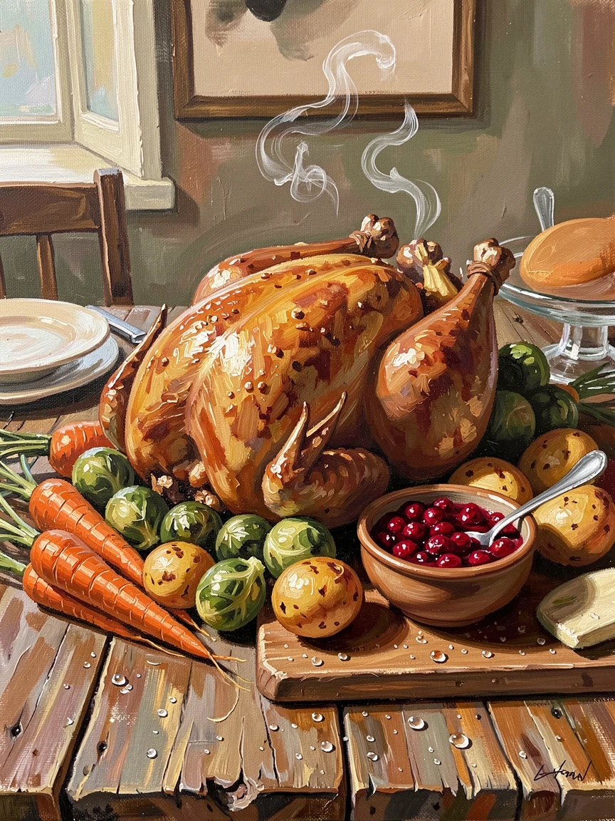 A rustic farmhouse table displays a golden roast turkey surrounded by seasonal vegetables and cranberry sauce for a festive Thanksgiving feast, steam or condensation visible in small details that suggest the dish was just prepared.