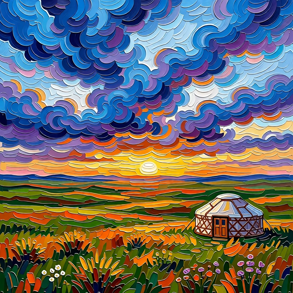 A vast Mongolian steppe under an enormous sky, a single ger tent dwarfed by the landscape