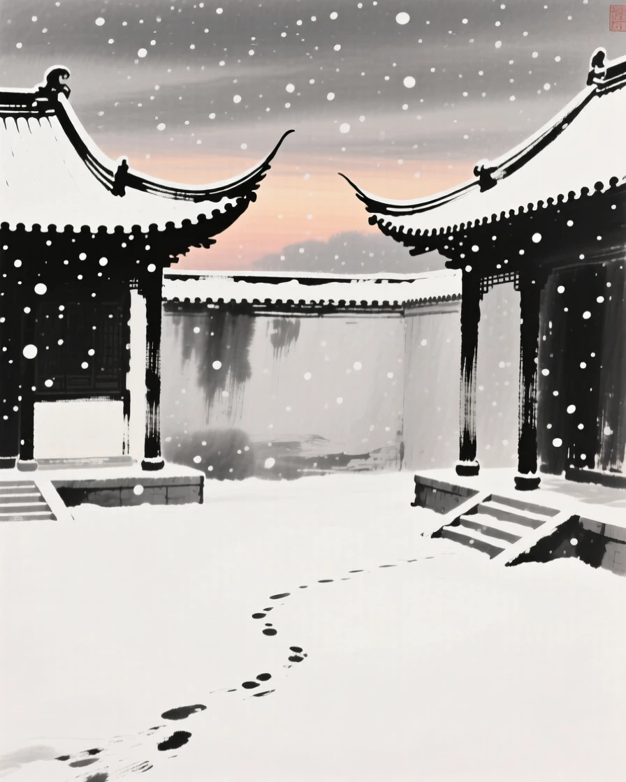 Snow falls silently over a quiet temple courtyard at dusk, with footprints trailing off into the falling snow.