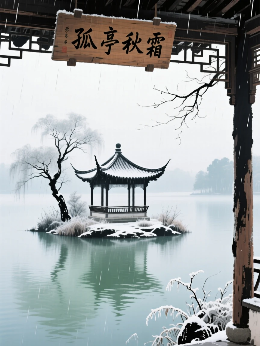 A lone pavilion on a small island in the middle of a lake, as winter frost settles, in a gentle drizzle.