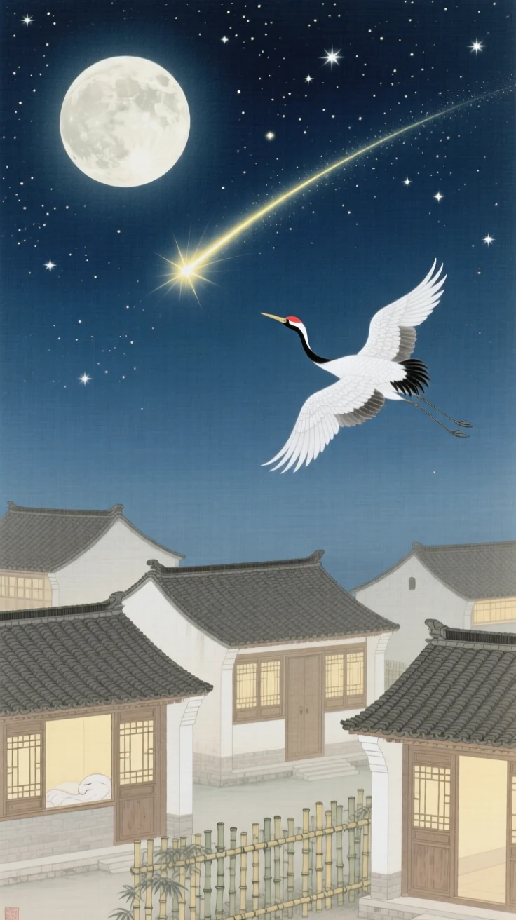 A shooting star streaking above a sleeping village, with a single crane flying across the moon