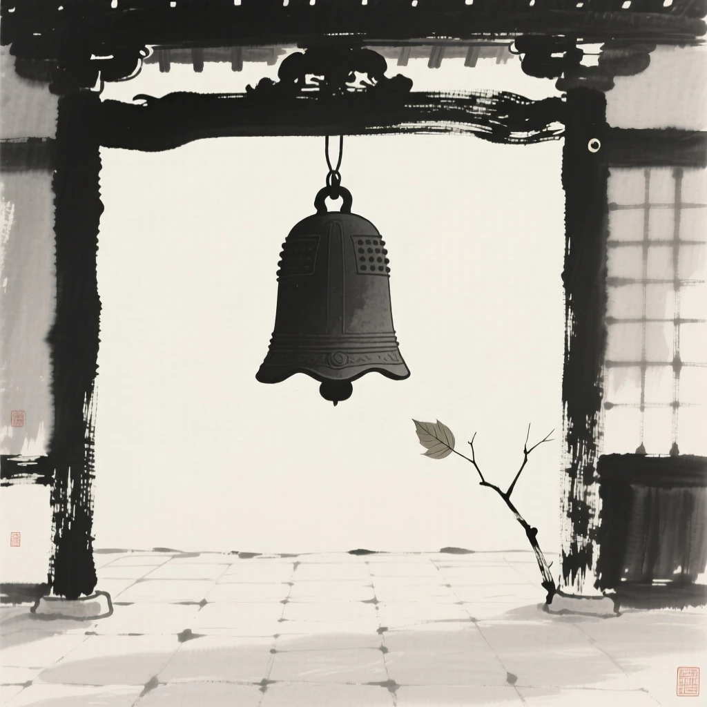 A solitary bell hanging silent in a still temple courtyard, balanced with a single small detail against a quiet backdrop, evoking deep introspection and quiet solitude.