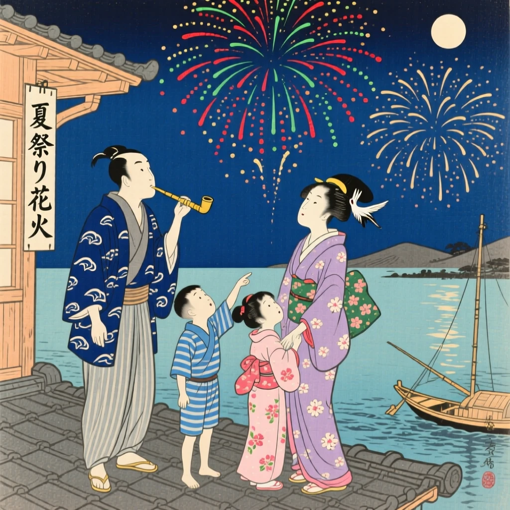 A fisherman's family watching fireworks together from a rooftop.